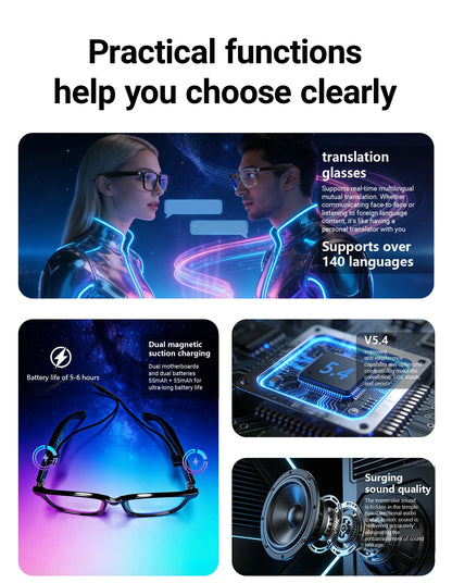 AI Translation Smart Wireless Glasses feature open-back earbuds, a premium feel, and support real-time translation of ov