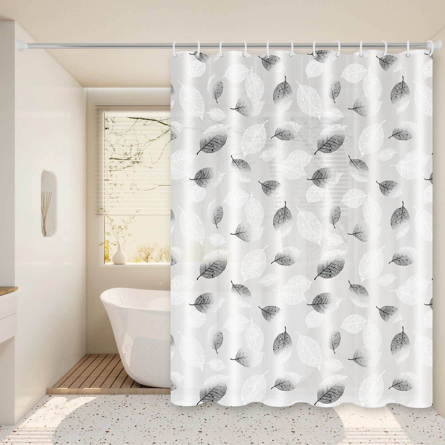 Fresh Leaf Black and White Style Shower Curtain, Minimalist Nordic Bathroom Partition Curtain, Artistic Bathroom Space Decorative Curtain
