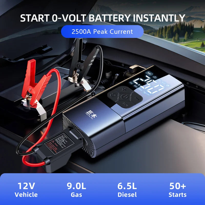 Car Tire Inflator with Professional Car Jump Starter Portable Car Starter Battery Charger 12V 2500A Booster 150PSI Air Pump