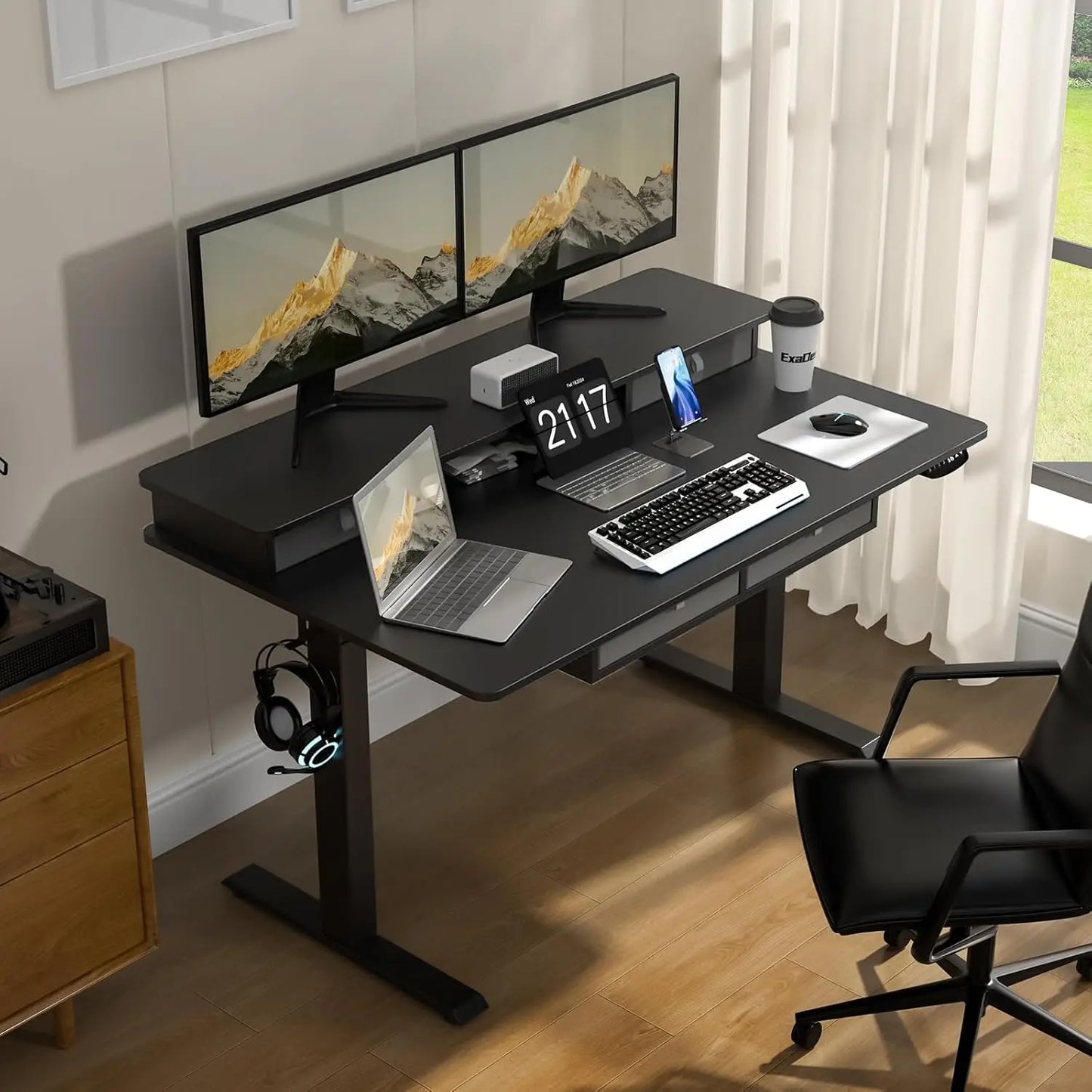 55 * 30 Inches Electric Standing Widened Desk Adjustable Height with 4 Drawers, Double Storage Shelves Stand Up, Customized