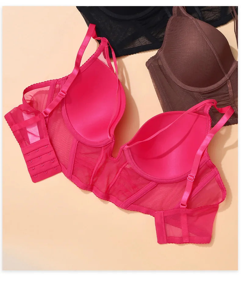 Hollow Out Lingerie Deep-V Neck Fishbone Underwear Push Up Women Sexy Lengthen Bra And Panty Sets Fashion Young Girls Intimates