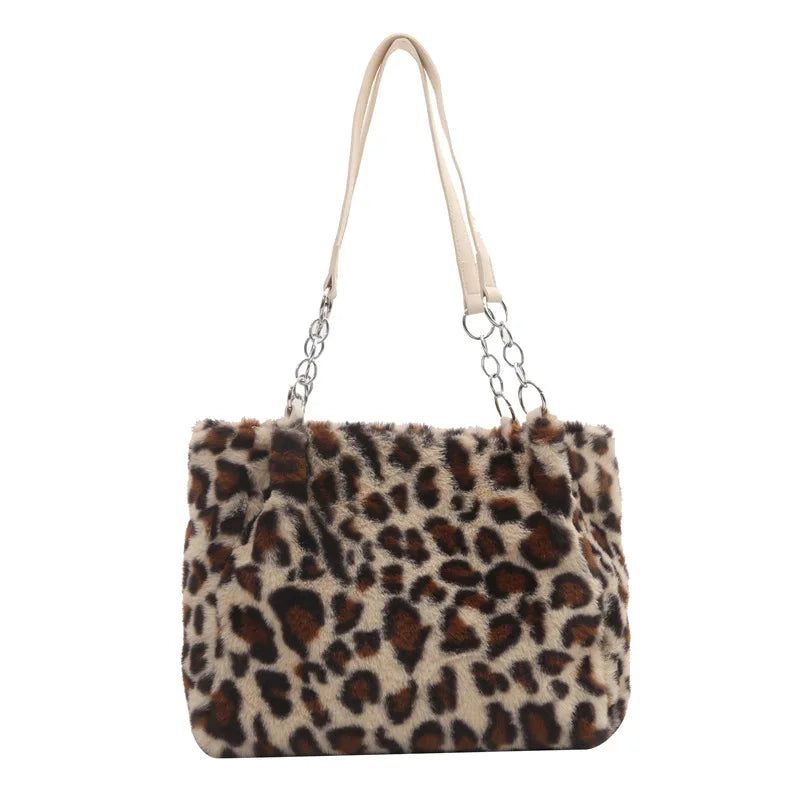 New Leopard Print Fur Bags Women Fashion Portable Faux Fur Handbags Winter Soft Warm Bag Girls Fluffy Large Capacity Tote Purse