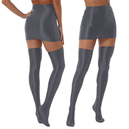 Womens Glossy Nightclub Outfit Shiny High Waist Mini Skirt with Stockings Set Rave Party Cheer Booty Workout Pole Dance Clubwear