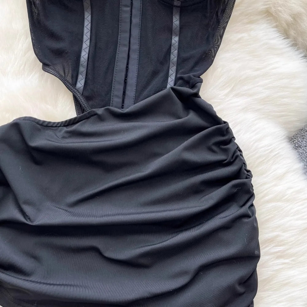 Foamlina  American Sexy Hollowed-out Waist Tube Top Dress for Women's Pleated Waist Hip-wrapped Streamer Girl's Short Dress