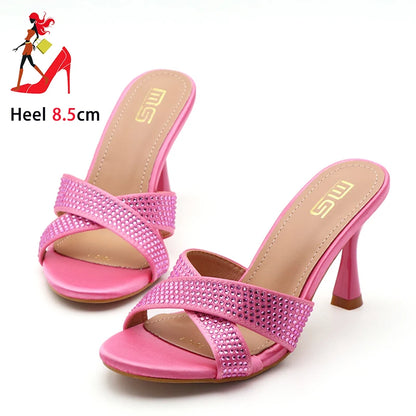 Rhinestone Slippers For Woman 2025 New Elegant Party Shoes Summer Thin High Heeled Slides Fashion Women Sandals Zapatos Mujer