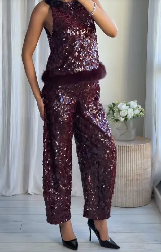 Chic Sequin Sleeveless Top Pants Set Women Faux Fur Patchwork Tops High Waist Straight Trousers Sets Lady Party Street Outfits