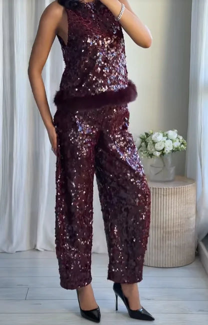Chic Sequin Sleeveless Top Pants Set Women Faux Fur Patchwork Tops High Waist Straight Trousers Sets Lady Party Street Outfits