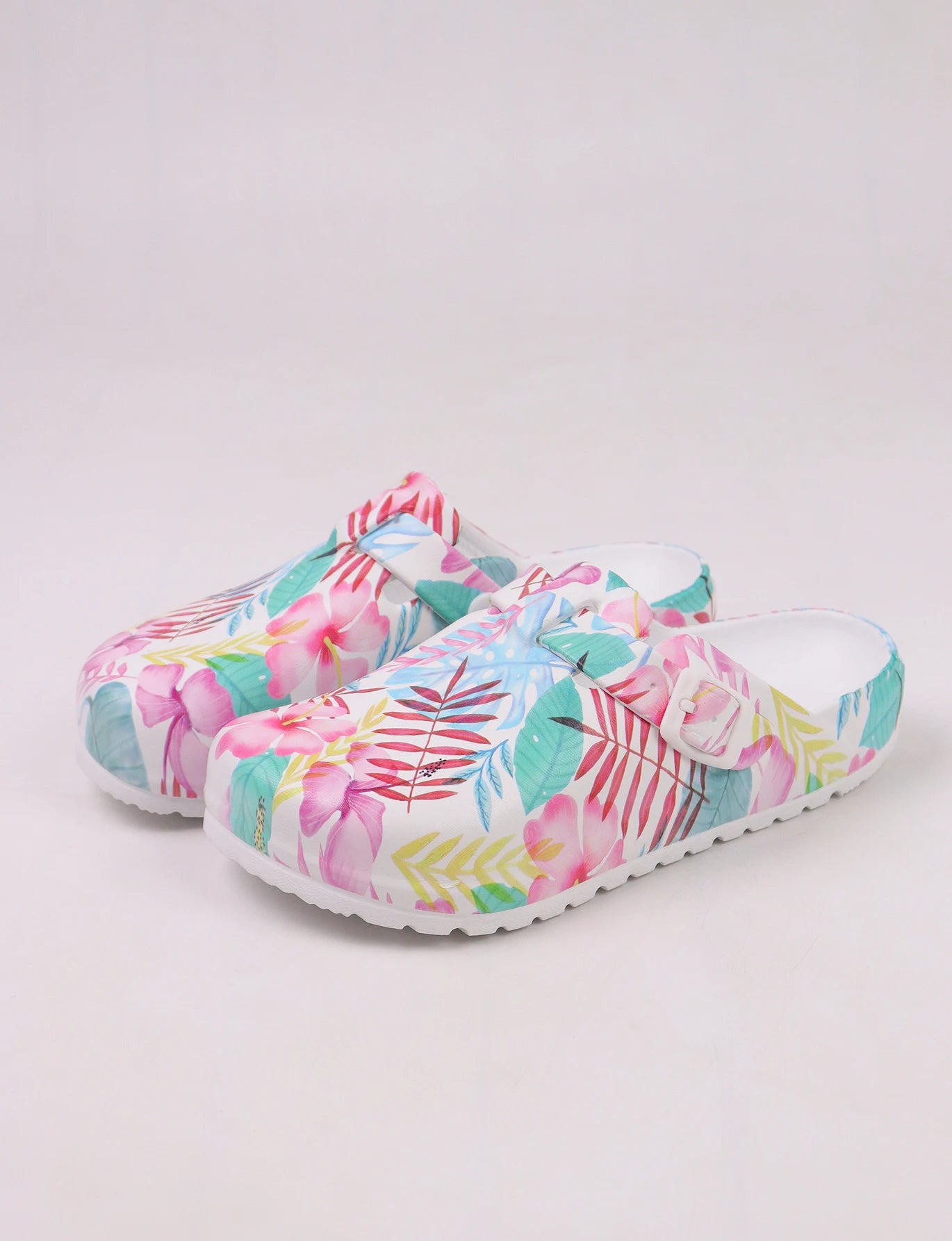 Women's Fashion Floral Print Clogs, Eva Summer Non-Slip Work Shoes, Lightweight Flat Soft Sole Adjustable Buckle Closed Toe Suitable for Beach Garden Autumn