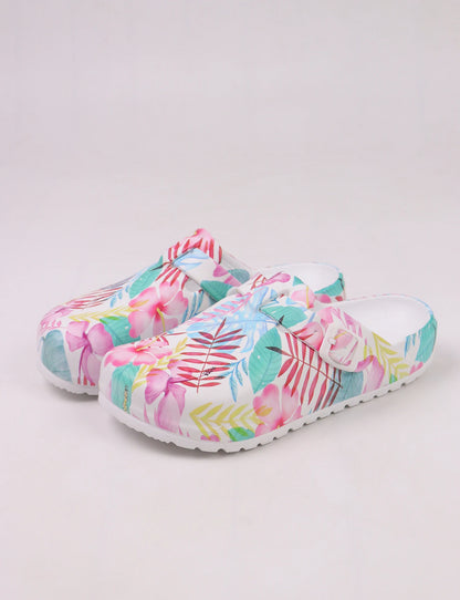 Women's Fashion Floral Print Clogs, Eva Summer Non-Slip Work Shoes, Lightweight Flat Soft Sole Adjustable Buckle Closed Toe Suitable for Beach Garden Autumn