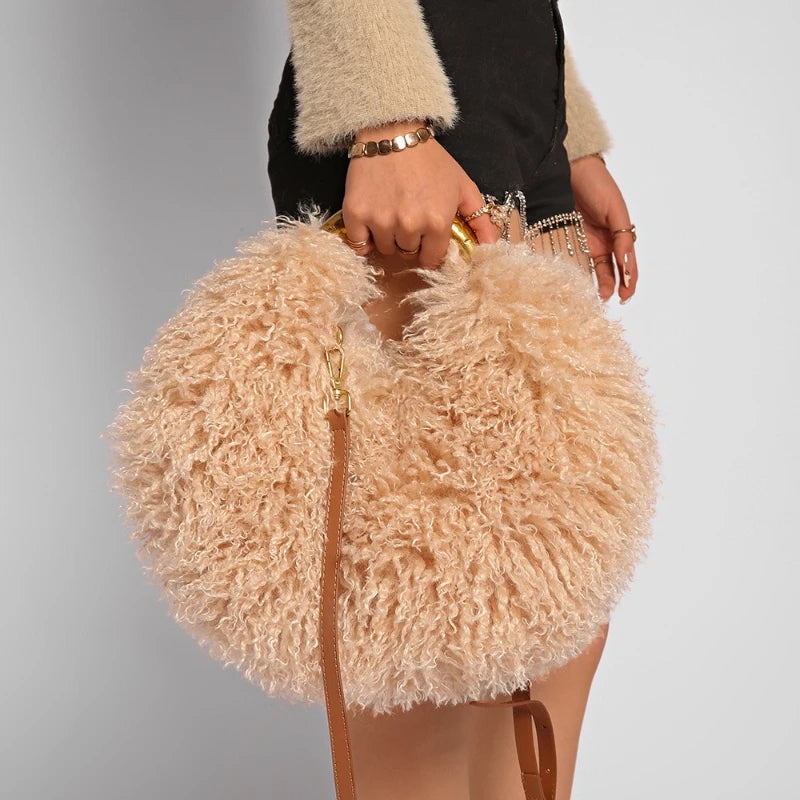 Spice Girl Solid Color Plush Women's Shoulder Bags Exquisite Handle Female Handbag Casual Versatile Furry Ladies Messenger Bag