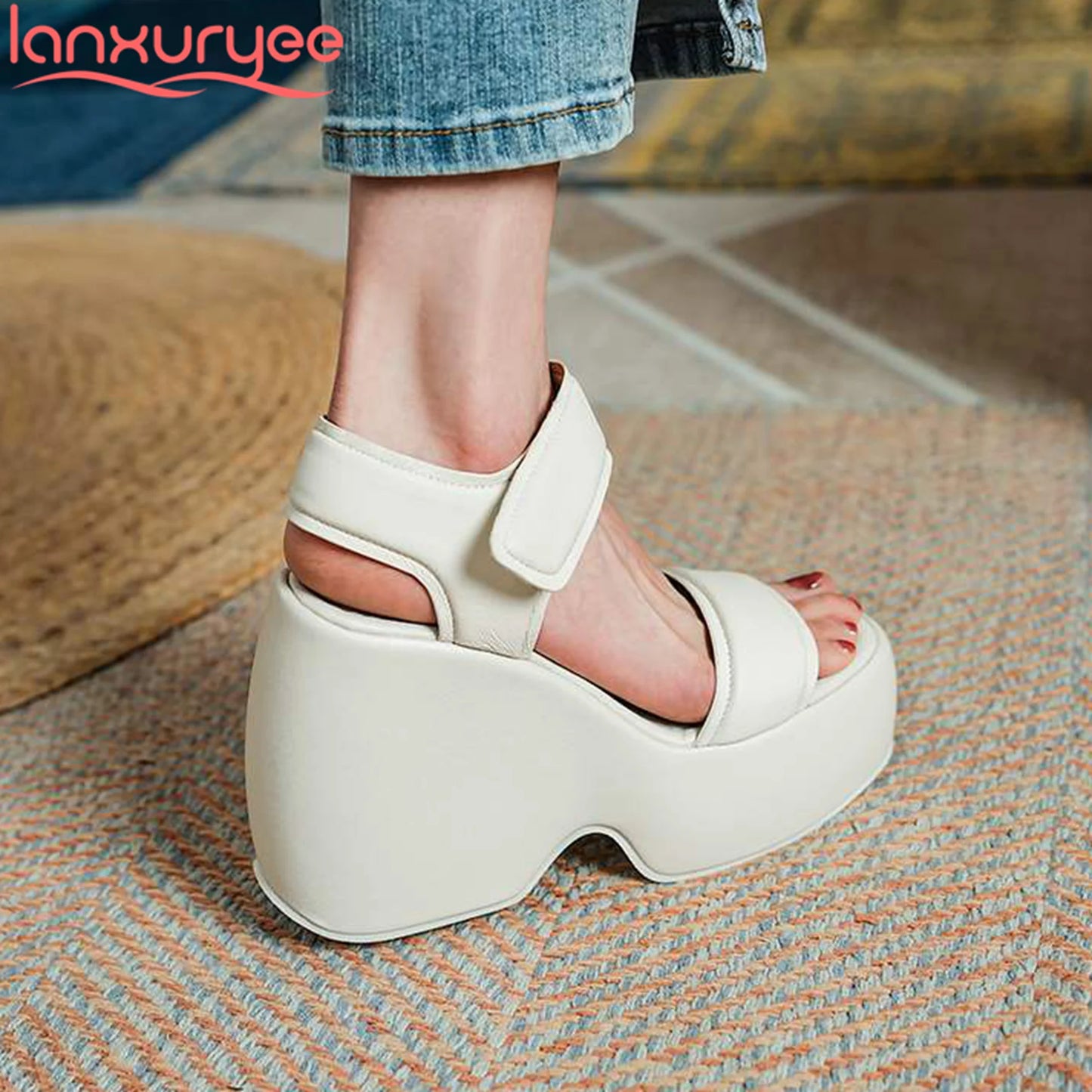 Krazing Pot 2026 Comfort Sheepskin Superstar High Thick Bottom Summer Shoes Casual Slingback Luxury Brand Platform Women Sandals
