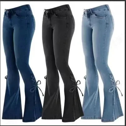 Flare Pants for Women Vintage Jeans Lace Up Stretch Mid Waist Skinny Distressed Washed 2025 Streetwear Female Denims Trousers