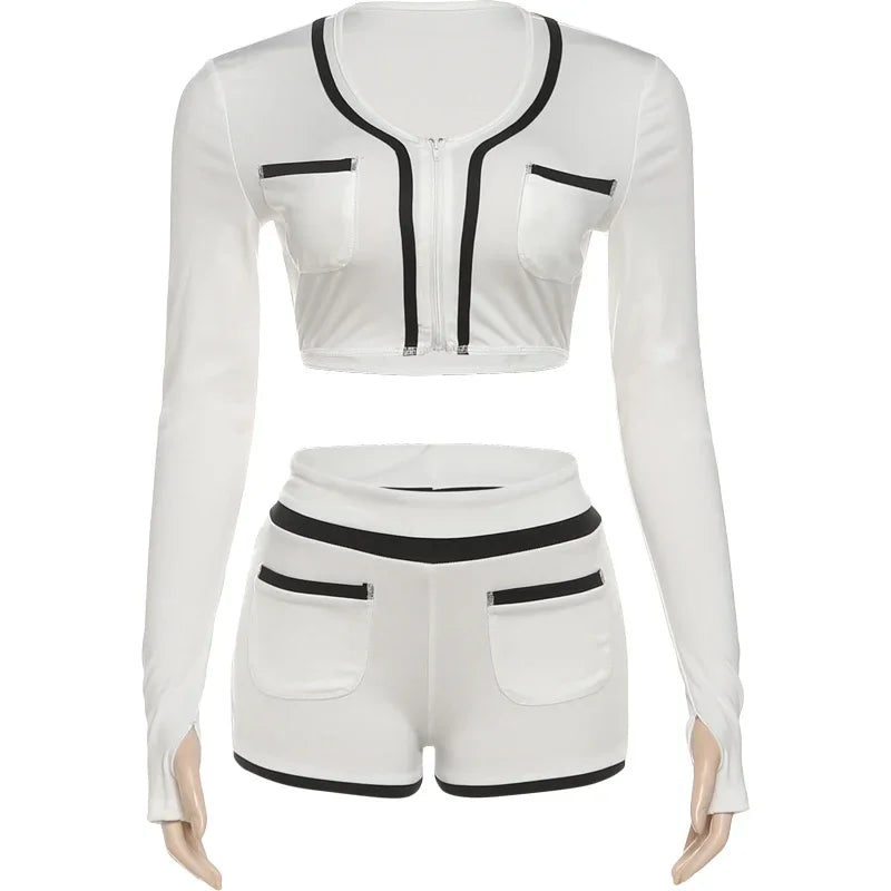 Joskaa 2025 Women's Patchwork Sporty 2 Piece Set Casual Full Sleeve Zip Crop Tops+Shorts Matching Tracksuits Y2k Streetwear