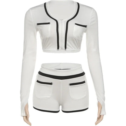 Joskaa 2025 Women's Patchwork Sporty 2 Piece Set Casual Full Sleeve Zip Crop Tops+Shorts Matching Tracksuits Y2k Streetwear
