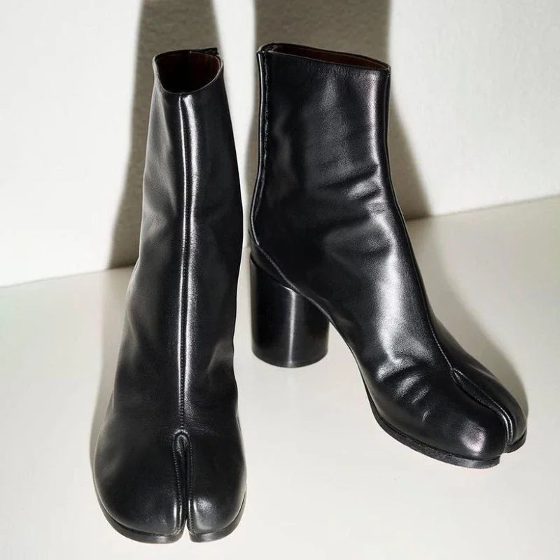 Luxury Brand Designer Tabi Split-toe Ankle Boots Women Genuine Leather Chunky Round Heel Short Boots 2024 Autumn Winter Shoes