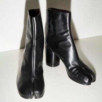 Luxury Brand Designer Tabi Split-toe Ankle Boots Women Genuine Leather Chunky Round Heel Short Boots 2024 Autumn Winter Shoes