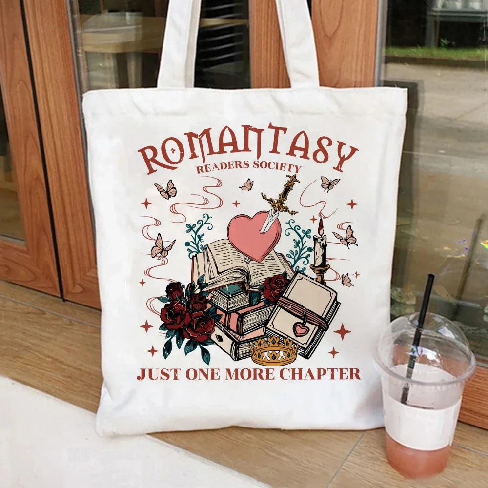 Romantasy Book Tote Bag Canvas Tote Bag  Shoulder Bag with Makeup Bag Literary School Handbag Casual Bags