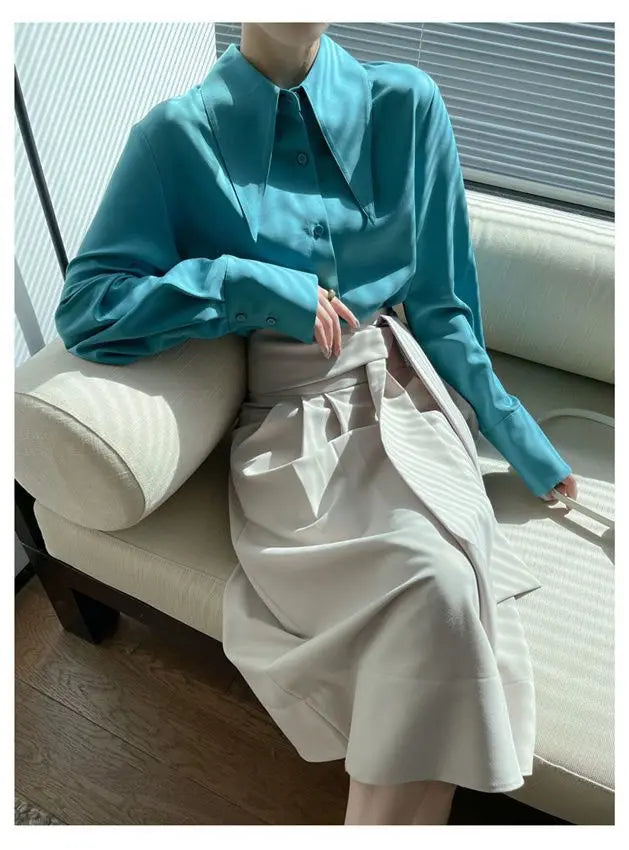 Spring Autumn New Elegant Long Sleeve Loose Shirt Tops Solid Color All-match Fashion Blouse Temperament Korean Women Clothing
