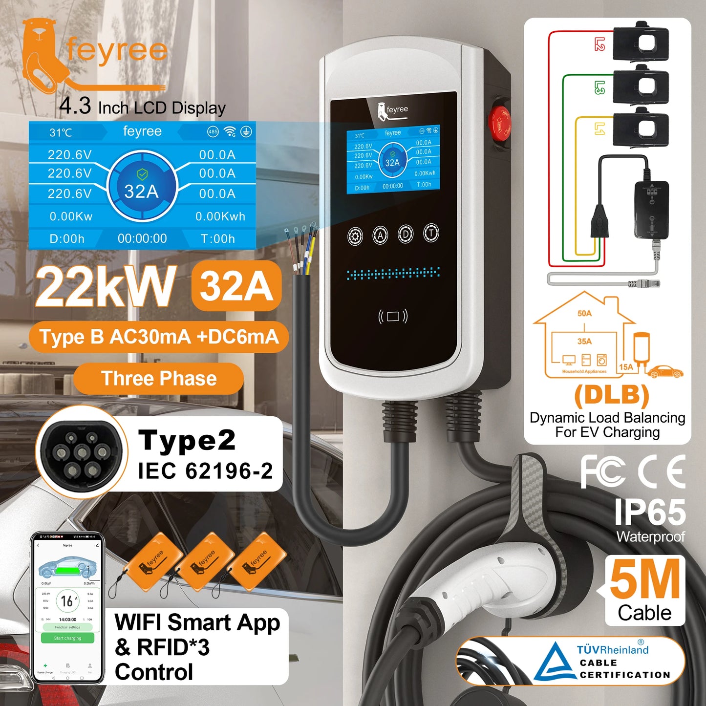 feyree Type2 32A 7kW 1P DLB EV Charger 4.3inch Screen Dynamic Load Balancing 11kW 22kW 3P EVSE Wallbox Station with Charging LOG