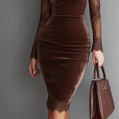 New Sexy Lace See-through Long-sleeved Dress Spring Summer Elegant V-neck Lace Patchwork Waist-covering Hip Dress Robe Femme