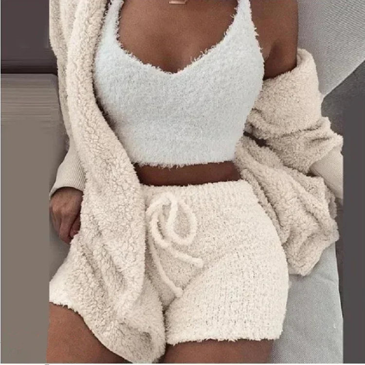 2026 New Women's Velvet Pajamas Set Sexy Crop Top+Shorts+Coat 3 Pieces Suit Sleepwear Casual Soft Clothes Homewear Pyjamas S-3XL