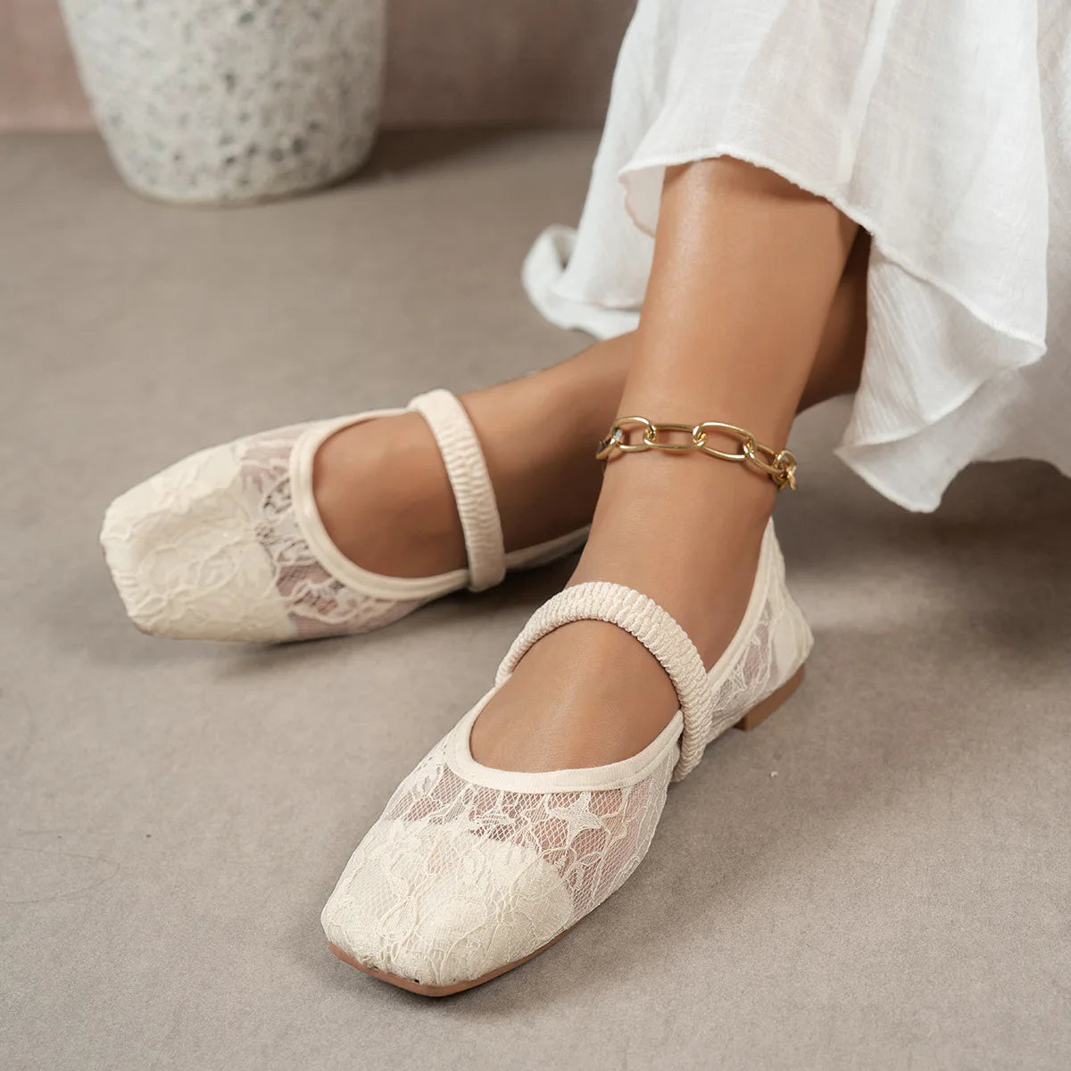 Plus Size 43 Women Fashion Ballet Flats Breathable Laces Square Toe Spring Summer Flat Shoes For Female Daily Walking Loafers