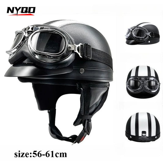 Retro Leather Motorcycle Helmets For Men Women Vintage Moto Half Helmet With Goggles Four Seasons Riding Scooter Capacetes