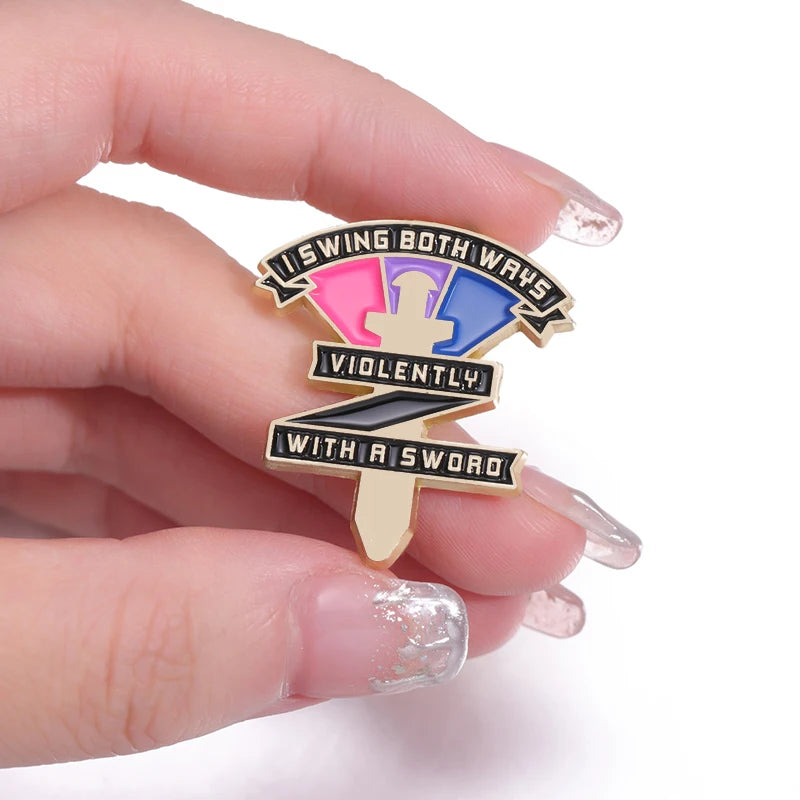 LGBT Rainbow Enamel Pins Bisexual Swing Both Ways Violently With A Sword Pride Brooches Lapel Badges Jewelry Gift for Friends