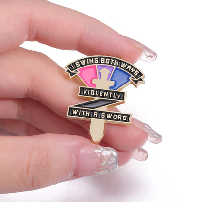 LGBT Rainbow Enamel Pins Bisexual Swing Both Ways Violently With A Sword Pride Brooches Lapel Badges Jewelry Gift for Friends