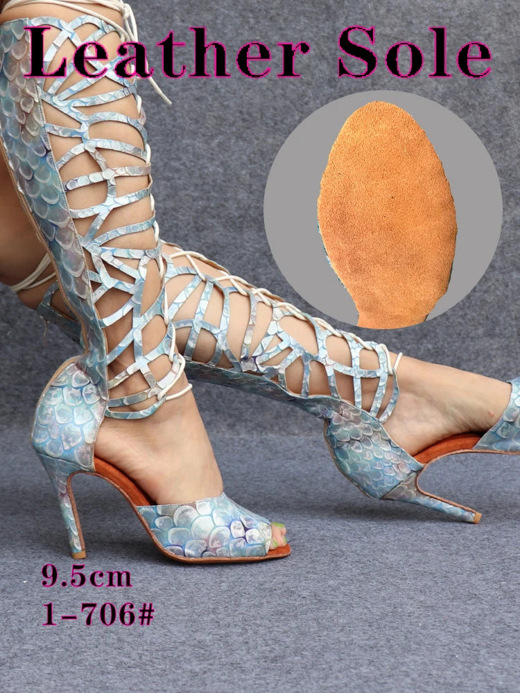 Ladingwu High-end Custom Material Fish Scale Texture Women Dance Shoes Sexy Pole Dance Boots Ladies Wedding Ballroom Shoes