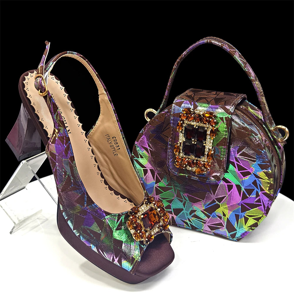 Venus Chan 2025 Elegant Peep-Toe Heels for Women - Perfect Italian Party Shoes & Bag Set with Sparkling Diamond Accents