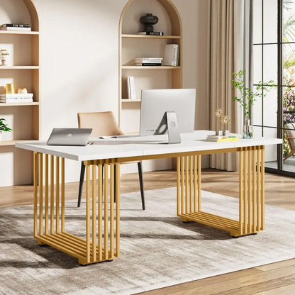 70.9 Modern Office Desk, Wooden Computer Desk, White Executive Desk with Gold Metal Legs, Large Workstation for Home Office, St