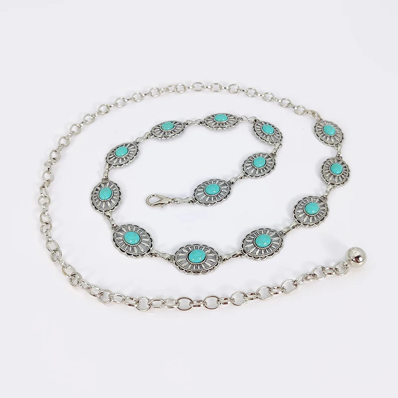 Fashion Silver Bohemian female circular waist chain luxury blue gemstone Ellipse chain belts for women suitable for Skirts dress