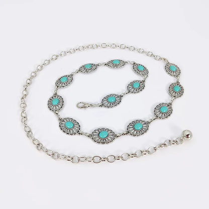 Fashion Silver Bohemian female circular waist chain luxury blue gemstone Ellipse chain belts for women suitable for Skirts dress
