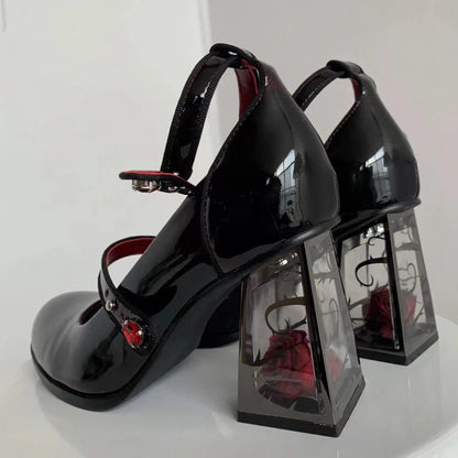 Punk Gothic High Heels Pumps Woman Ankle Straps Black Mary Jane Shoes Women 2025 New Rose Heeled Patent Leather Lolita Shoes