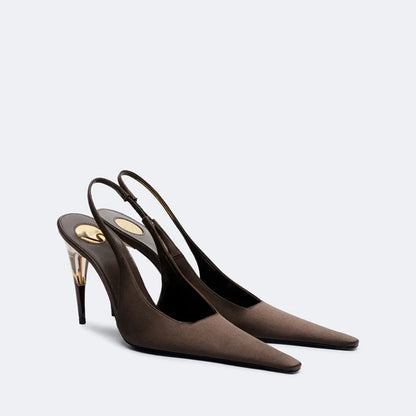 Women Satin Pointed‑Toe Stiletto Pumps with Clear Heel, Elegant Back Strap Dress Heels for Formal Dating Club Occasions