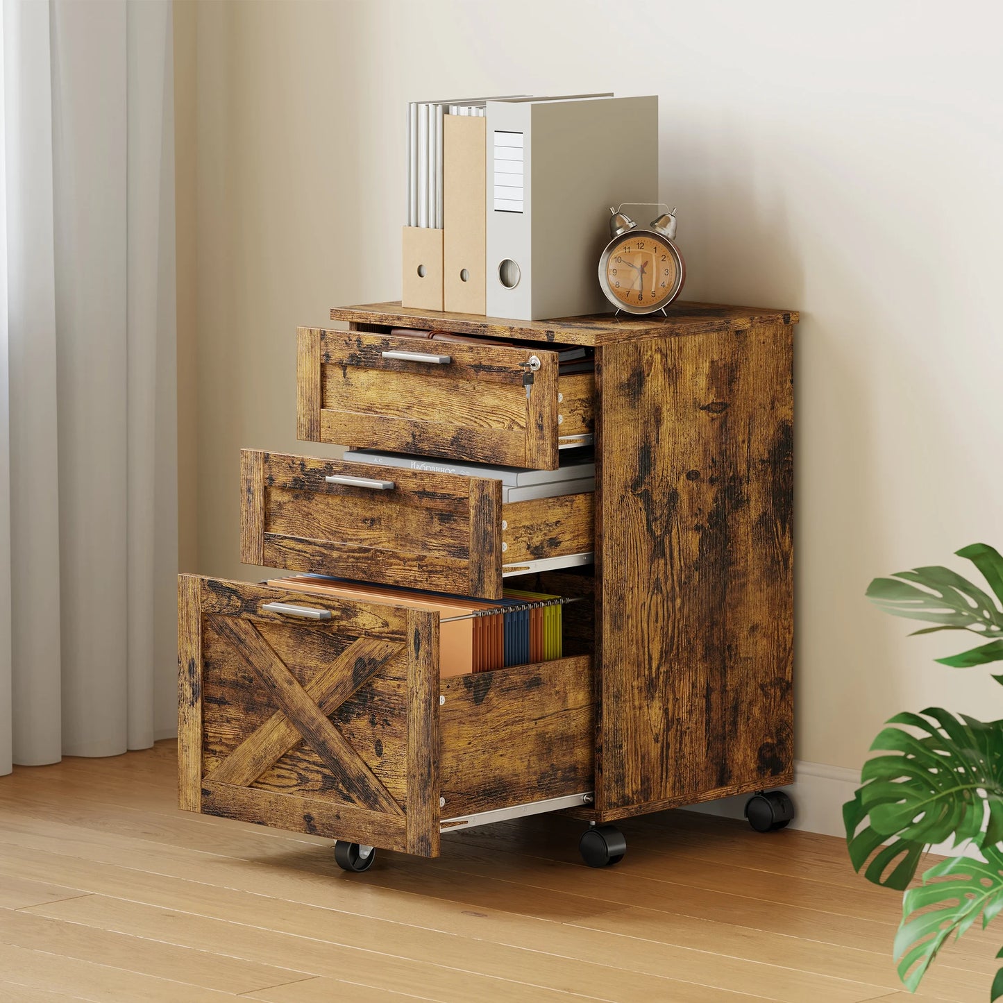 3 Drawer Rolling File Cabinet with Lock & Casters, Wooden Mobile Storage Organizer Printer Stand, Fits A4/Letter for Home Office