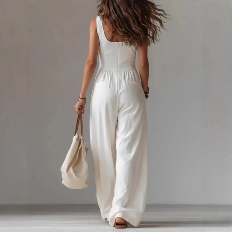 Casual New Solid Women's Jumpsuit Fashion Sexy V Neck Button Front Boho Rompers Summer Sleeveless Pocket Wide Leg Overalls