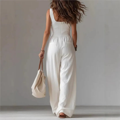 Casual New Solid Women's Jumpsuit Fashion Sexy V Neck Button Front Boho Rompers Summer Sleeveless Pocket Wide Leg Overalls