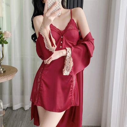 Female Nighty&Robe Set Lingerie Sexy Lace Trim Nightgown Sleepwear Spring Summer Kimono Gown Bathrobe Loose Homewear Pajama