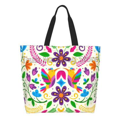 Mexican Ethnic Flowers Tote Bag Large Capacity Zipper Women Grocery Bags Purse Shopping Handbags Casual Travel Shoulder Bag