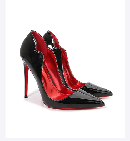 Black Curl Upper Women Patent PU Pointed Toe Stiletto 12cm High Heels Sexy Ladies Party Dress Shoes Club Dance Women Pumps