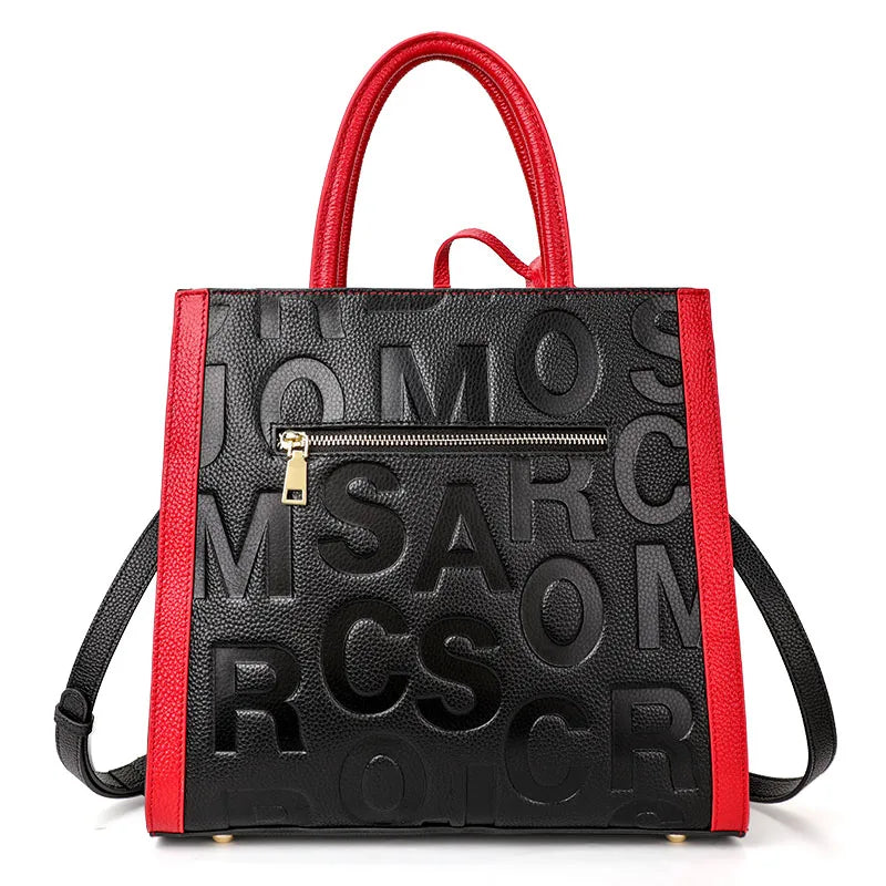 Genuine leather letter printed women's handbag new large capacity contrasting leather crossbody bag
