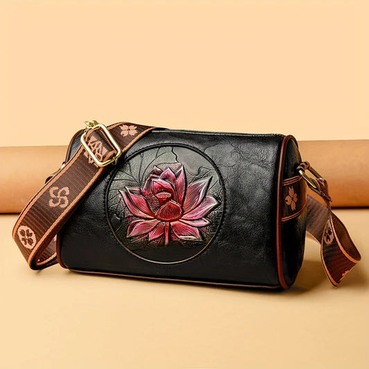 Fashionable and Trendy Women's Small Square Bag, Featuring Unique Lotus Embossing Craftsmanship, Showcasing Elegance and Individuality, with a Wide Shoulder Strap Design for an Ultimate Comfortable Experience. Versatile Shoul