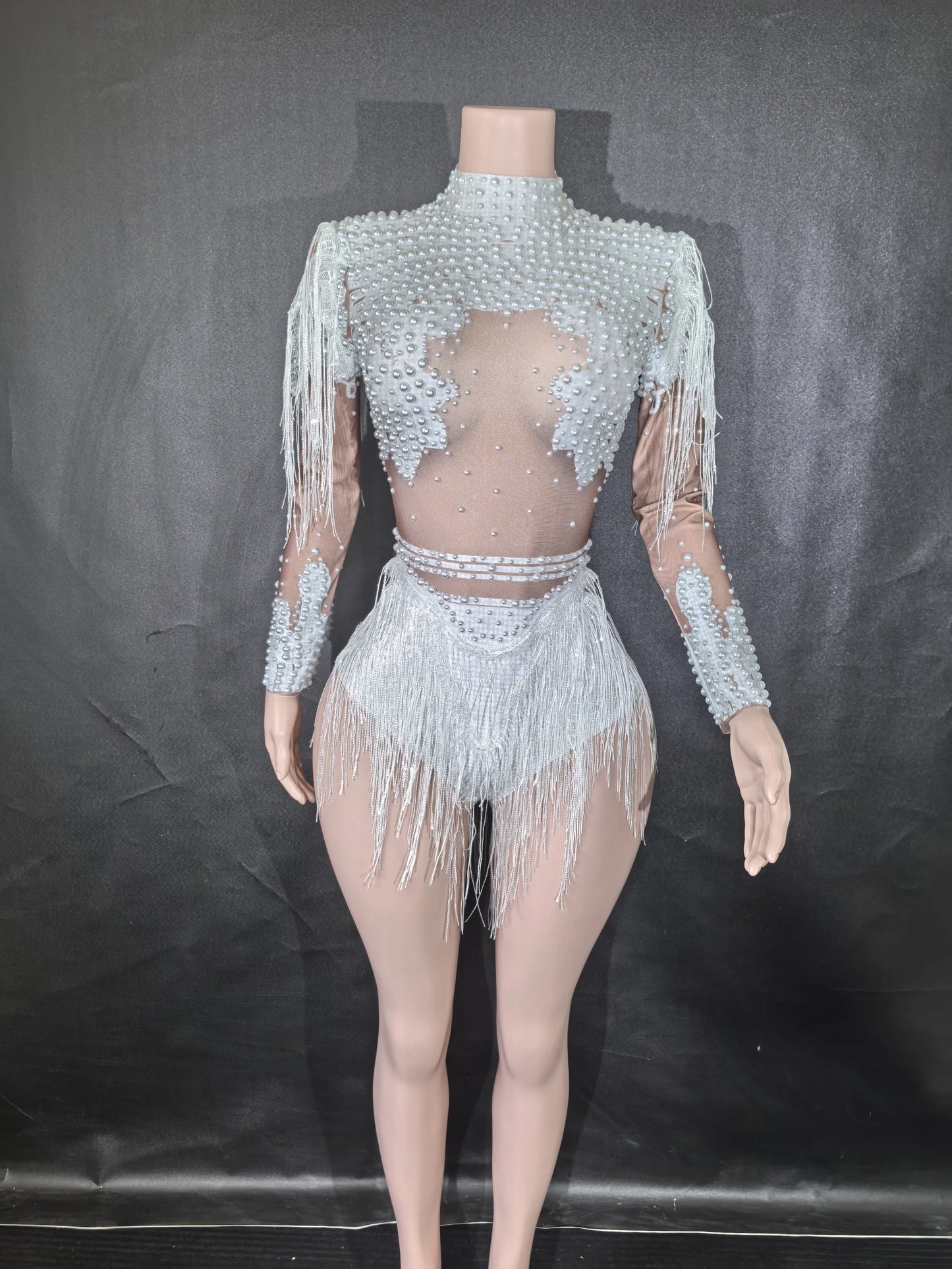 Rhinestones Women DanceCostume Fringes One Shoulder Bodysuit  Sexy Skinny Leotard Singer Dancer Show StageWear Sparkly Blue