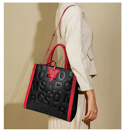 Genuine leather letter printed women's handbag new large capacity contrasting leather crossbody bag