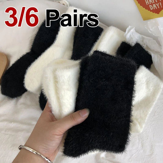 3/6 Pairs Women Autumn Winter Solid Color Plush Mid Tube Socks Warm and Thick Black White Soft Comfortable Casual Socks