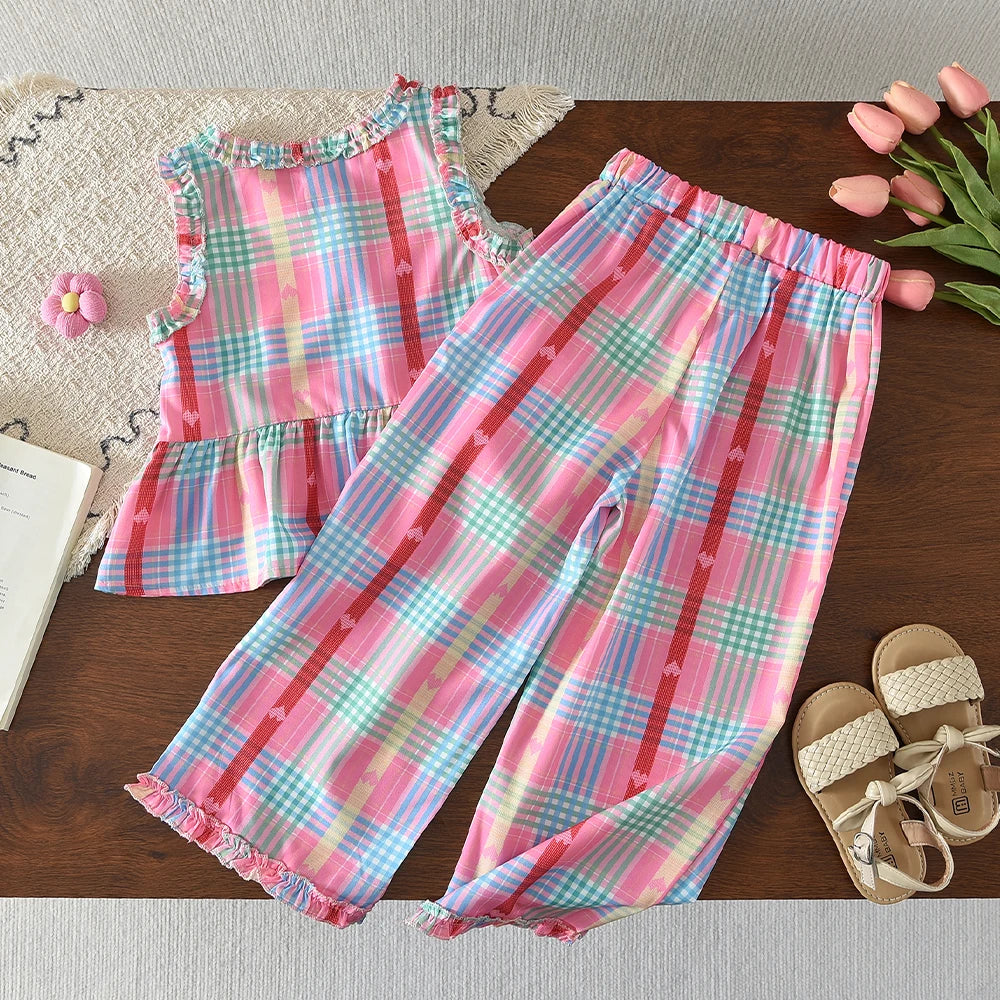 Bear Leader Korean Version Kids Clothes Girls Blue Imitation Denim Suit Summer New Sleeveless Top+Wide Leg Pants Two-piece Set
