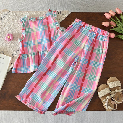 Bear Leader Korean Version Kids Clothes Girls Blue Imitation Denim Suit Summer New Sleeveless Top+Wide Leg Pants Two-piece Set