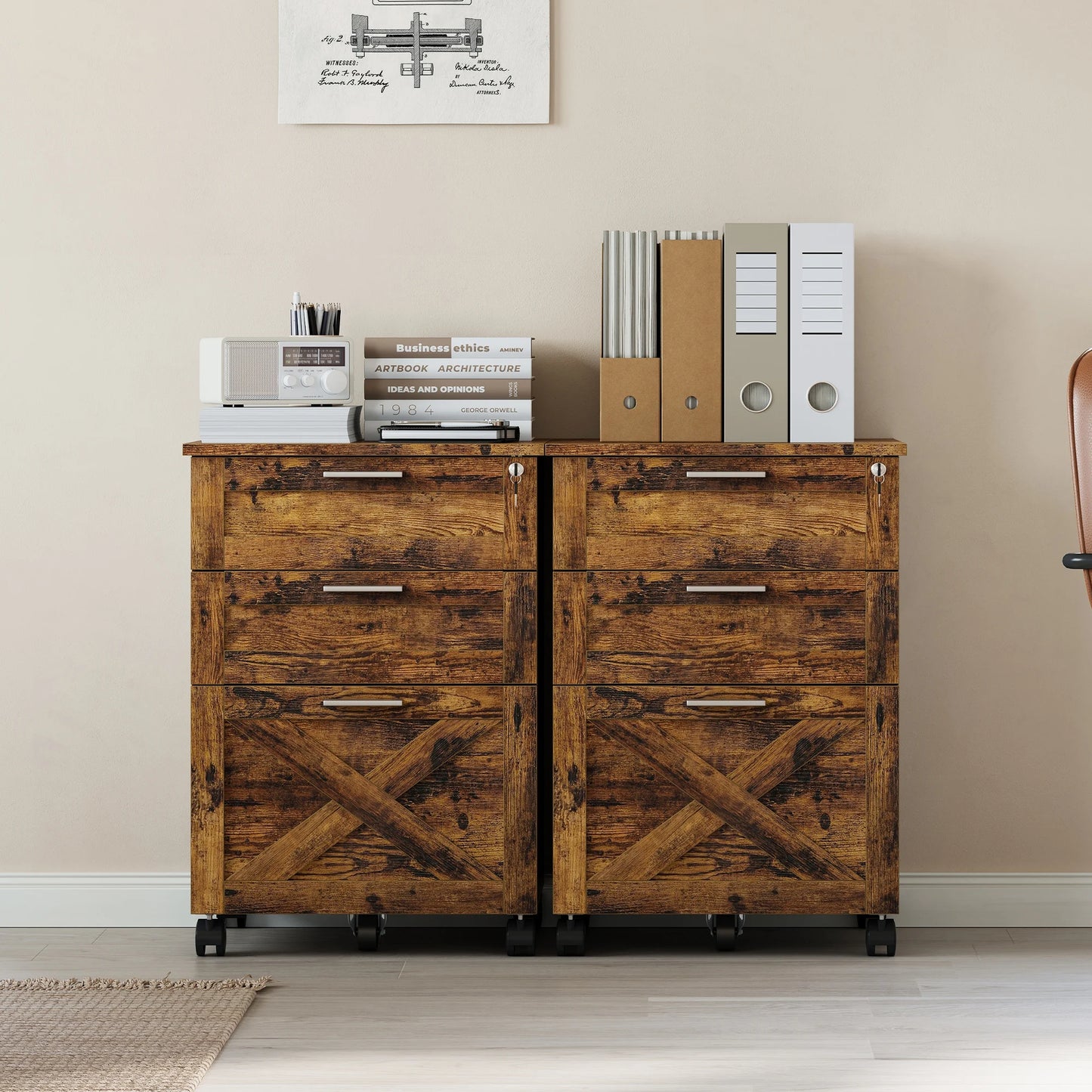 3 Drawer Rolling File Cabinet with Lock & Casters, Wooden Mobile Storage Organizer Printer Stand, Fits A4/Letter for Home Office